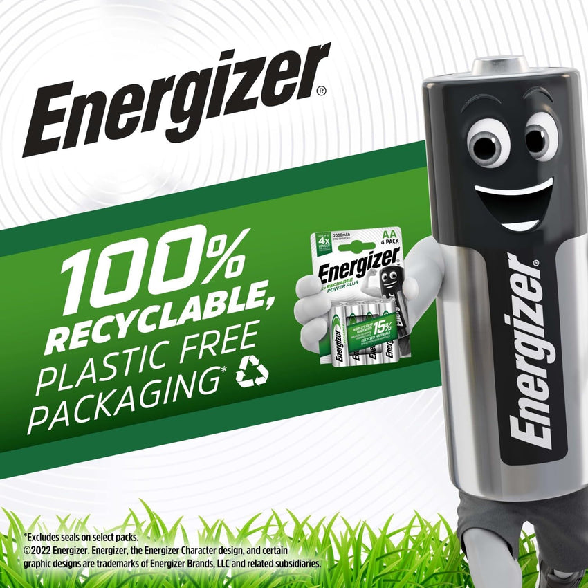 Energizer Recharge Power Plus - Rechargeable AAA Batteries (4 Pack) - 700 mAh NiMH Triple A Battery - 100% Recyclable Plastic Free Packaging