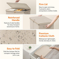 Laundry Basket 165L 3-Compartment with Lid Removable Bag Foldable Tall Hamper Beige