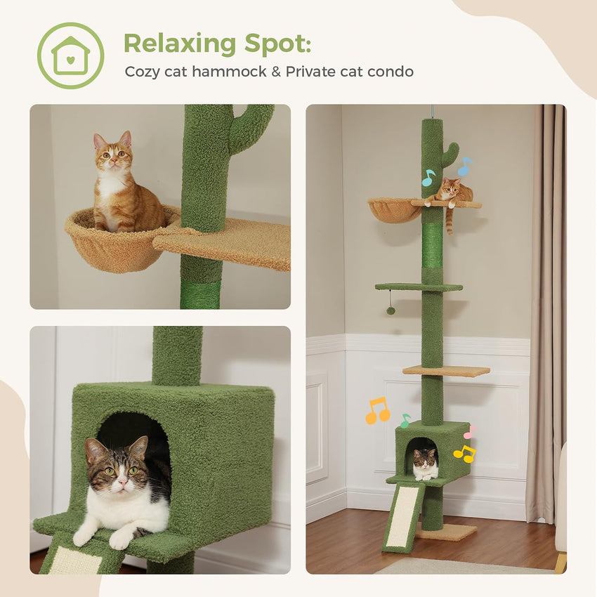 PAWZ Road Cat Tree READ DESC Floor to Ceiling with Height Adjustable 216cm to 273cm, Cactus Cat Tower with Spacious Activity Space, Hammock and Cat Condo, Anti-Fall Belt, 5 Tiers Green