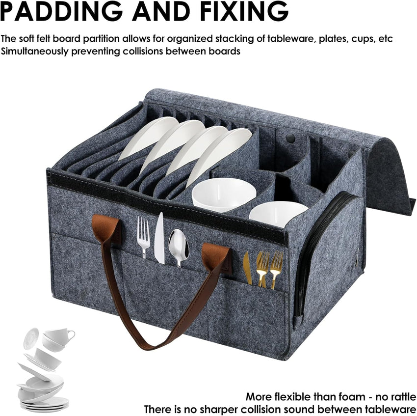 Caravan Felt Plate Holder Storage Bag 8 Plate + 4 Bowl Compartments Dustproof with Lid