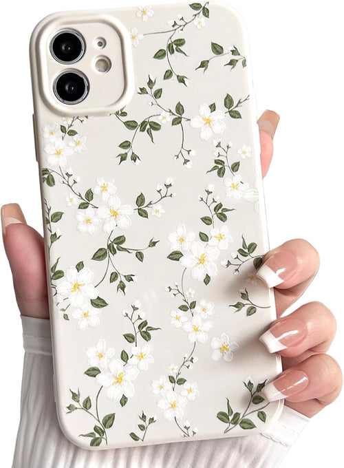 NITITOP Compatible with iPhone 12 Case Cute Flower Floral for Women Girl Full Camera Protective Vintage Trendy Slim Fit TPU Shockproof Cover - White