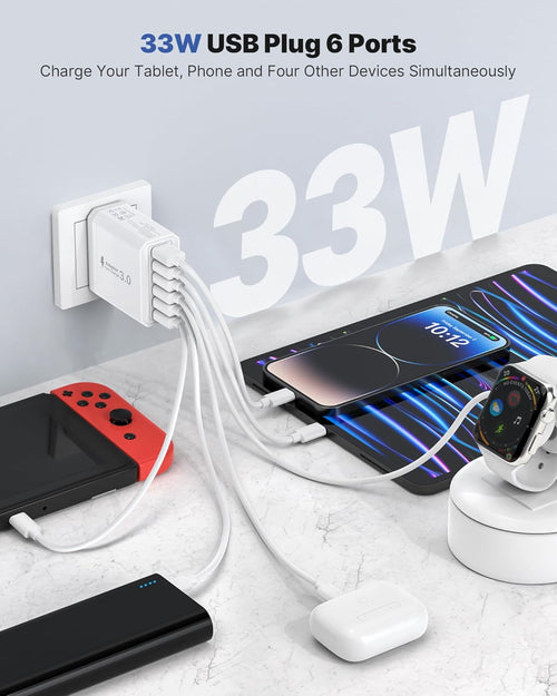 Tupneuf 33W 6-Port Multi Plug Multiport Charger Head with QC 3.0 Fast Charging, USB Plug Adaptor UK Wall Power Adapter Mains for iPhone 16 15 14 13 12 11 10 Pro Max Plus XS 8 7 6 5, Samsung, iPad