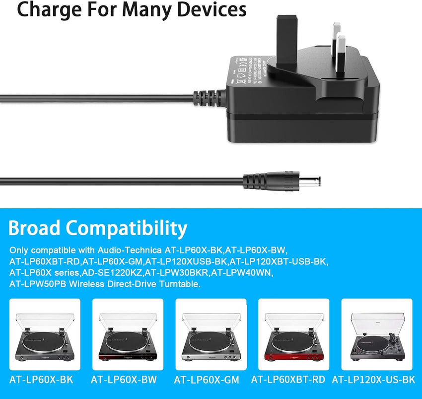 12V Power Cord for Audio Technica Turntable | for Audio-Technica AT-LP60X AT-LP60X-BK AT-LP60X-BW AT-LP60XBT-RD AT-LP120XUSB-BK Direct-Drive Turntable Record Player