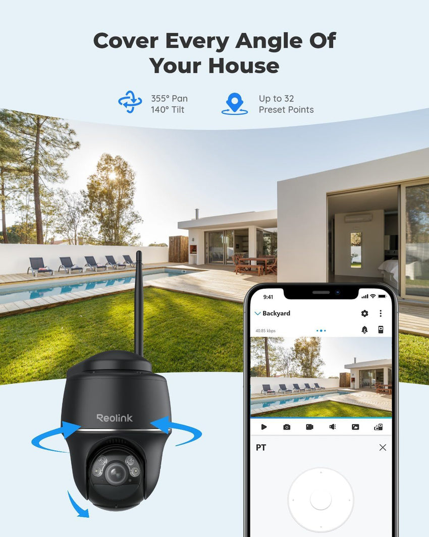 Reolink Security Camera Outdoor Wireless, Argus PT 5MP+Solar Panel with 360^0 Pan-Tilt View, 2K Night Vision, 2.4/5Ghz WiFi, Solar Security Camera with Person/Vehicle Detection, Two-Way Audio, Black