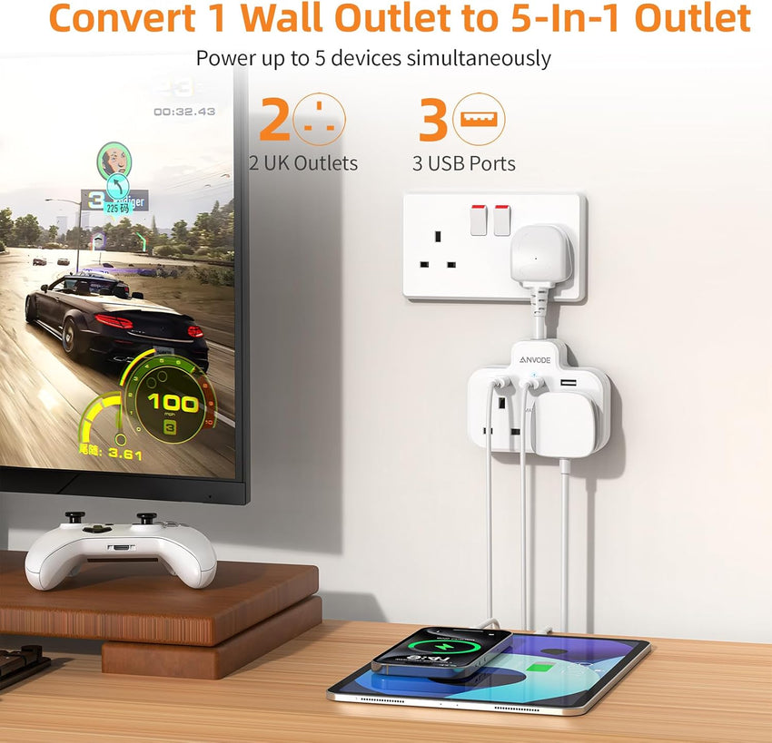 Double Plug Adaptor with USB, 2 Way Wall Adapter with Short Extension Lead, Multi Plug Socket Extender For Home Office (White)