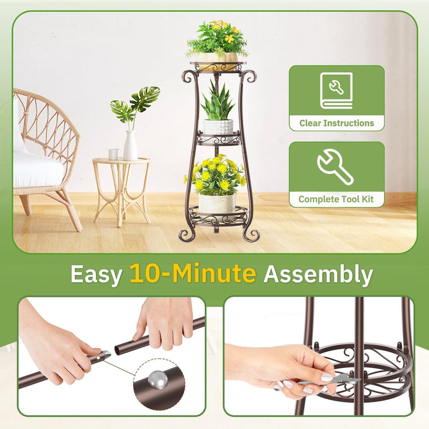 3-Tier Metal Plant Stand Tall Stable Flower Rack for Large Pots Bronze