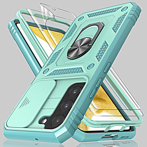 for Samsung Galaxy S21 FE Case with Camera Cover Slider, 2*Screen Protectors,Build in 360^0Rotating Ring Kickstand, Military Grade Protective Case for Galaxy S21 FE 5G 6.4"-Green