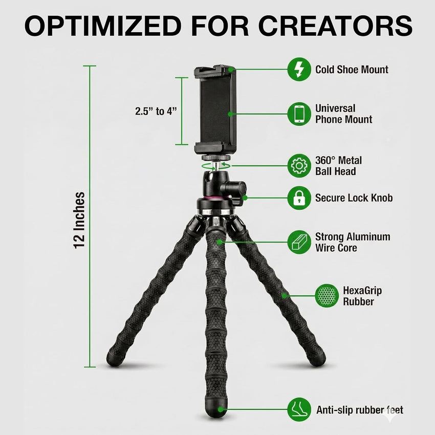 KobraTech Mobile Phone Tripod Stand - TriFlex Mini iPhone Tripod - Flexible Tripod for iPhone + Bluetooth Remote Shutter