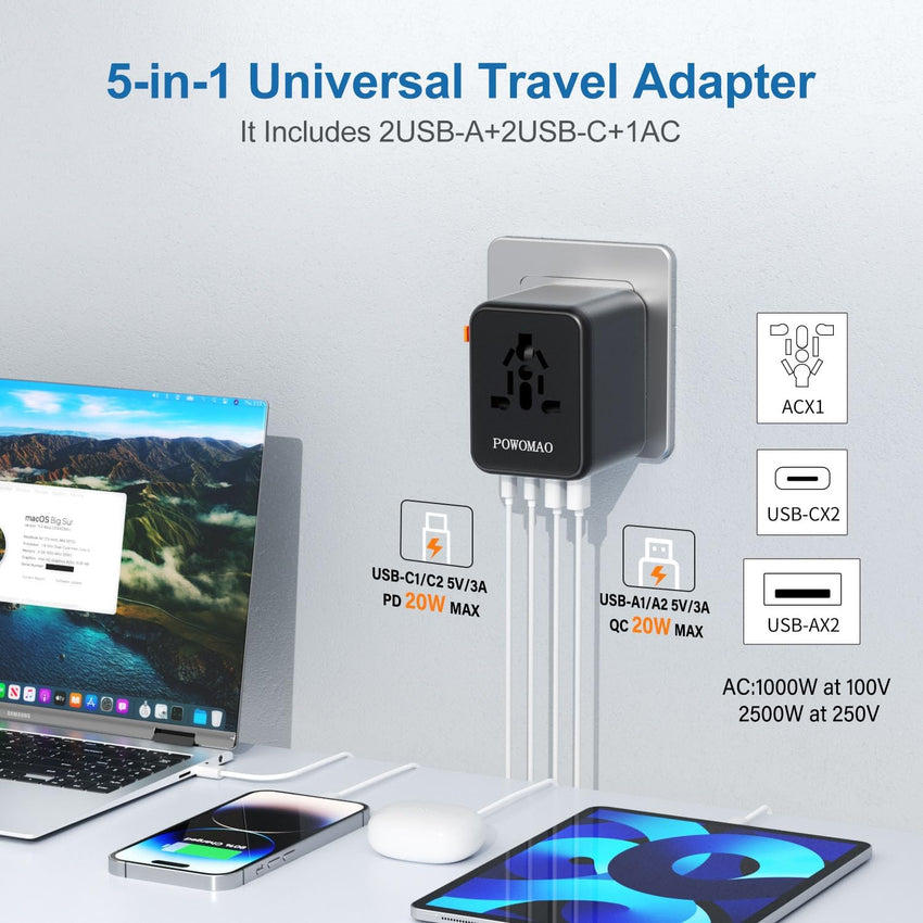 POWOMAO Universal Travel Adapter Worldwide with 2 USB C and 2 USB A Ports,Travel Plug UK to World with Dual 10A Fuses,20W All In One International Travel Adapter for EU USA UK AU Thailand,Japan,Asia