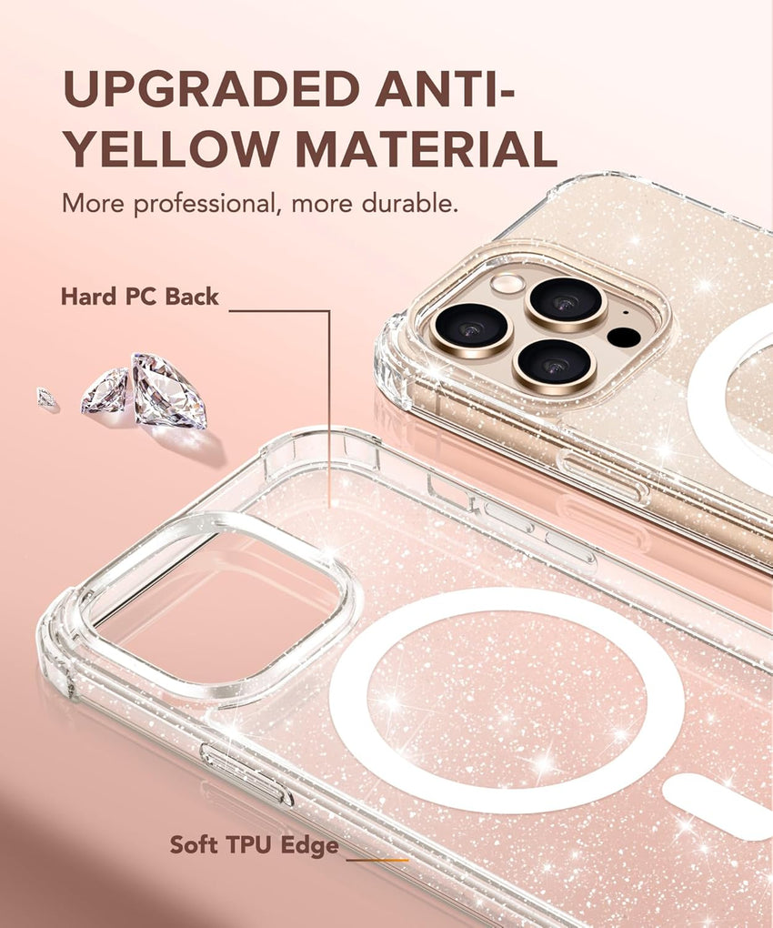 BERFY Magnetic Case for iPhone 16 Pro Max, [Compatible with Magsafe], with 2X Screen Protector + 2X Camera Lens Protector, Clear Sparkle Cute Shockproof Hard Phone Case for Women 6.9", Shiny Clear