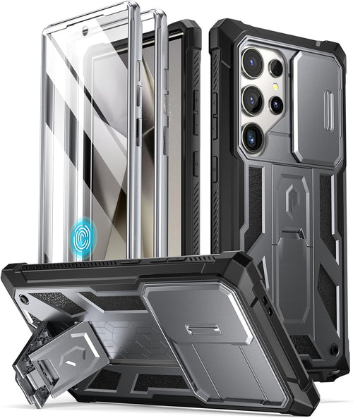 Poetic Spartan Case Compatible with Galaxy S24 Ultra 5G 6.8", [Slide Camera Cover] [Screen Protector Works with Fingerprint ID] Military Grade Rugged Shockproof Case with Kickstand, Metallic Gun Metal