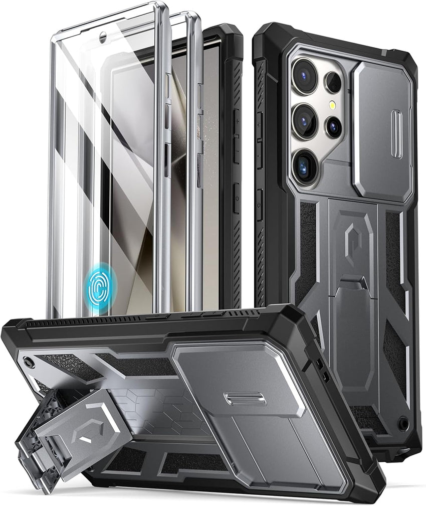 Poetic Spartan Case Compatible with Galaxy S24 Ultra 5G 6.8", [Slide Camera Cover] [Screen Protector Works with Fingerprint ID] Military Grade Rugged Shockproof Case with Kickstand, Metallic Gun Metal
