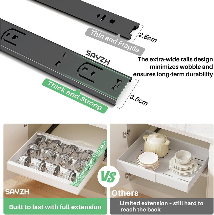 SAYZH Pull Out Cabinet Organiser, Extendable Pull Out Storage, Adjustable Slide Out Drawer Storage Shelves for Kitchen Cupboard with Adhesive Film (30-50 CM W x 43 CM D x 6 CM H)
