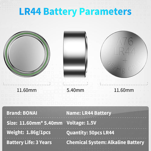 50 x AG13 LR44 Batteries Alkaline Button Cell Battery by BONAI, LR44 AG13 A76 357 303 SR44 1.5V Button Battery
