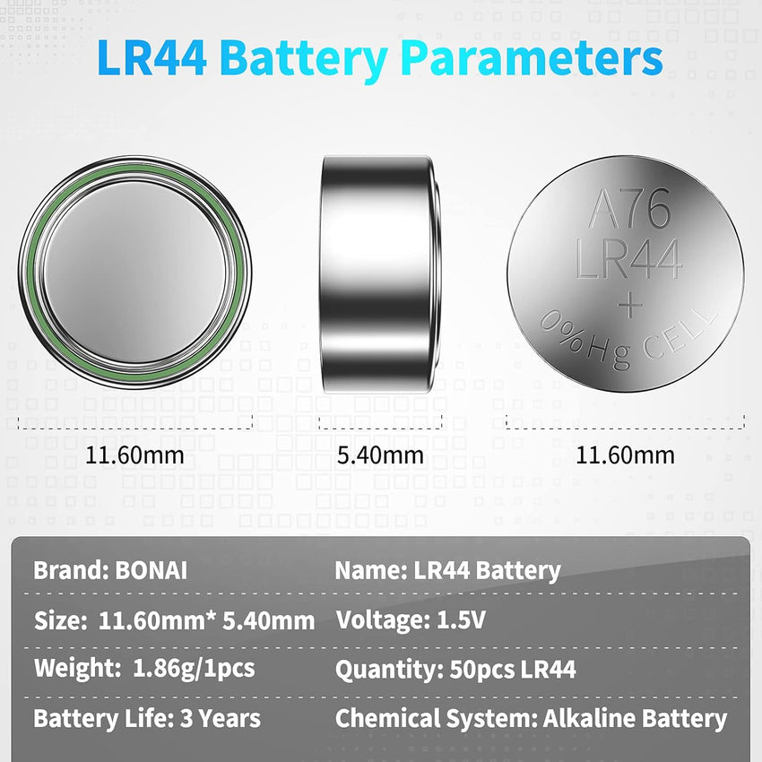 50 x AG13 LR44 Batteries Alkaline Button Cell Battery by BONAI, LR44 AG13 A76 357 303 SR44 1.5V Button Battery