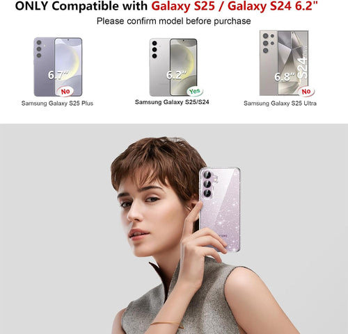 AROYI 3 in 1 Clear Glitter Case for Samsung Galaxy S24 S25 5G Case with 2 Tempered Glass Screen Protector, Soft Bumper Anti-Scratch Sparkle Bling Women Girls Samsung Galaxy S24 S25 Phone Case Cover