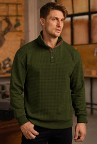 Men's Waffle Pullover Ribbed Corduroy Stand Collar Fleece-Lined Quarter Zip Sweater Green L