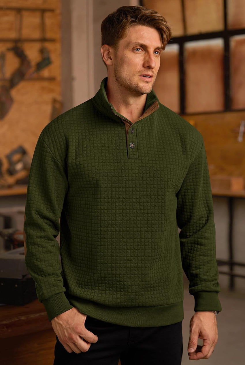 Men's Waffle Pullover Ribbed Corduroy Stand Collar Fleece-Lined Quarter Zip Sweater Green L