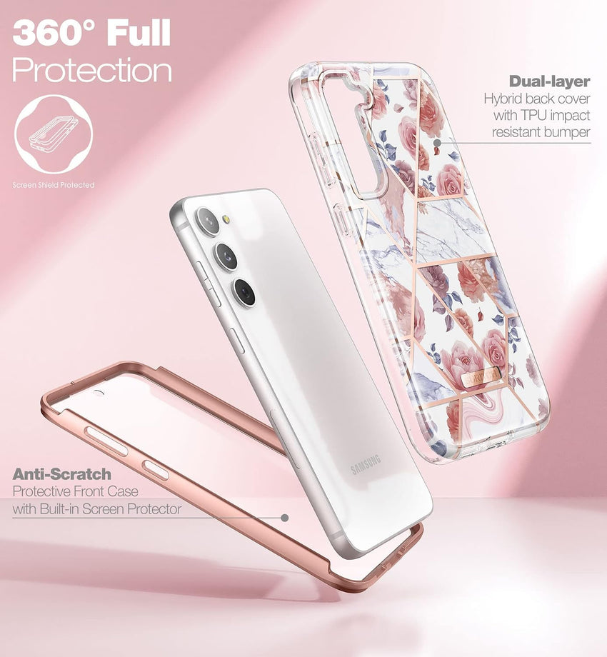 SURITCH Compatible with Samsung Galaxy S23 Plus Case [Built-in Screen Protector] Natural Marble Full Body Protection Cover Rugged Bumper Shockproof Case for Samsung Galaxy S23 Plus(Marble Rose)