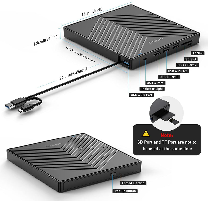 ORIGBELIE External CD DVD Drive, Ultra Slim CD Burner USB 3.0 with 4 USB Ports and 2 TF/SD Card Slots, Optical Disk Drive for Laptop Mac PC Windows 11/10/8/7 Linux OS with Carrying Case