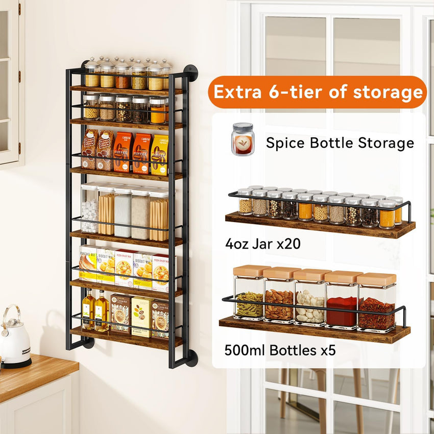 6-Tier Wall-Mounted Spice Rack Door Organizer with Shelves Brown