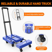 Ronlap Folding Hand Truck, 6 Wheels Fold Up Hand Cart with 2 Elastic Ropes, Portable 225KG Capacity Heavy Duty Luggage Cart, Utility Dolly Platform Cart for Car House Office Luggage Moving, Blue