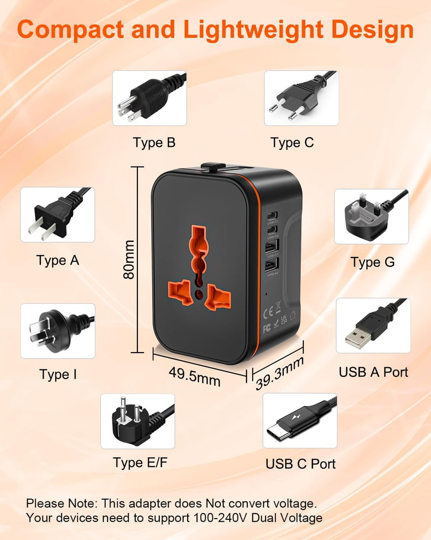 Universal Travel Adapter Worldwide with 2 USB C and 2 USB A Ports, International Travel Plug Adapter Worldwide USB Travel Adaptor All in One Universal Charger Power Adapter for European EU US UK AUS