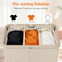 Laundry Basket 165L 3-Compartment with Lid Removable Bag Foldable Tall Hamper Beige
