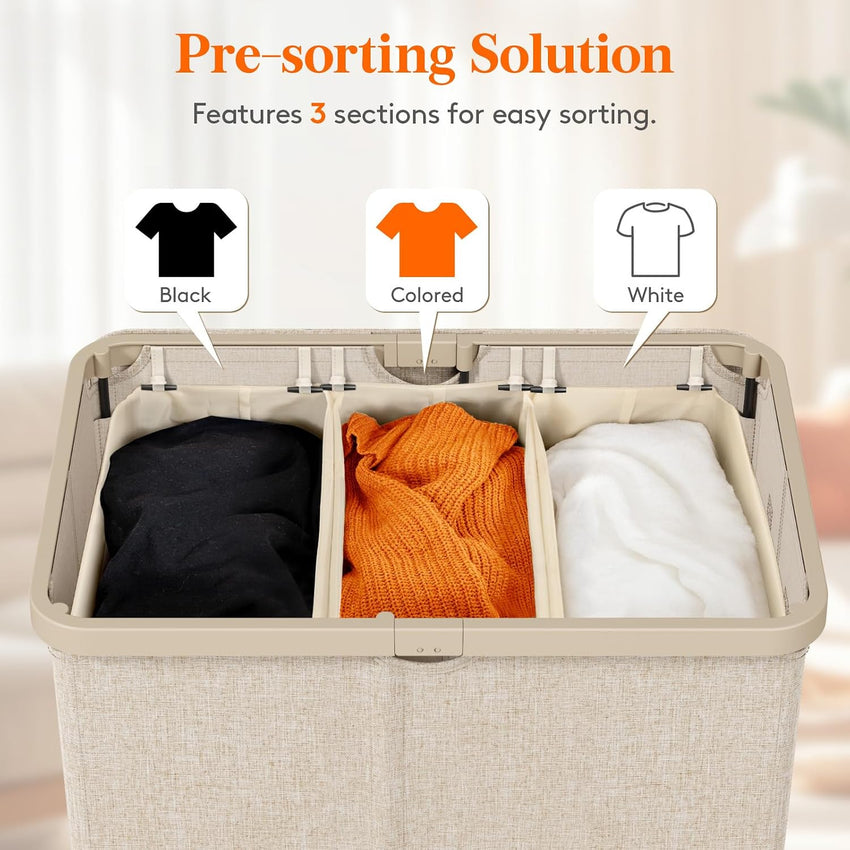 Laundry Basket 165L 3-Compartment with Lid Removable Bag Foldable Tall Hamper Beige