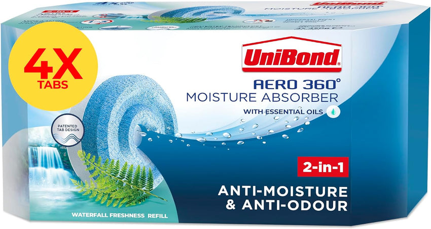 UniBond AERO 360Â° Moisture Absorber Waterfall Freshness Refill Tab, Aromatherapy, Ultra-Absorbent and Odour-Neutralising, for AERO 360Â° Dehumidifier, Condensation Absorbers, Four Pack (4 x 450g)