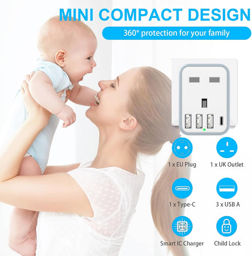 Loydia European Travel Adapter - 5 in 1 UK to EU Adapter with 4 USB Ports, UK to Turkey Travel Plug, Grounded Schuko Plug for Germany, France, Spain, Portugal, Poland, Austria (Type E/F)