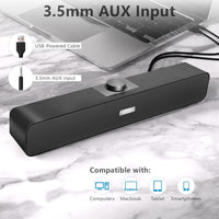 FAYAZ Computer Speakers for Desktop, 6W Stereo USB Computer Soundbar with 2 Diaphragms,3.5mm Aux Input, Knob Volume Control, Wired/Wireless Bluetooth 5.0 Soundbar for Desktop Smartphones Laptop,Black