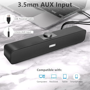 FAYAZ Computer Speakers for Desktop, 6W Stereo USB Computer Soundbar with 2 Diaphragms,3.5mm Aux Input, Knob Volume Control, Wired/Wireless Bluetooth 5.0 Soundbar for Desktop Smartphones Laptop,Black