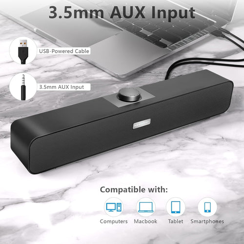 FAYAZ Computer Speakers for Desktop, 6W Stereo USB Computer Soundbar with 2 Diaphragms,3.5mm Aux Input, Knob Volume Control, Wired/Wireless Bluetooth 5.0 Soundbar for Desktop Smartphones Laptop,Black