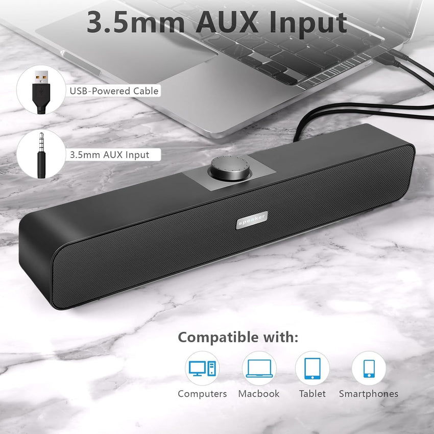 FAYAZ Computer Speakers for Desktop, 6W Stereo USB Computer Soundbar with 2 Diaphragms,3.5mm Aux Input, Knob Volume Control, Wired/Wireless Bluetooth 5.0 Soundbar for Desktop Smartphones Laptop,Black