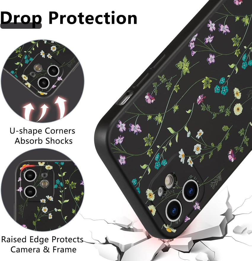 RALEAVO Floral Case for iPhone 12 Silicone Cute Cover for Women,Black