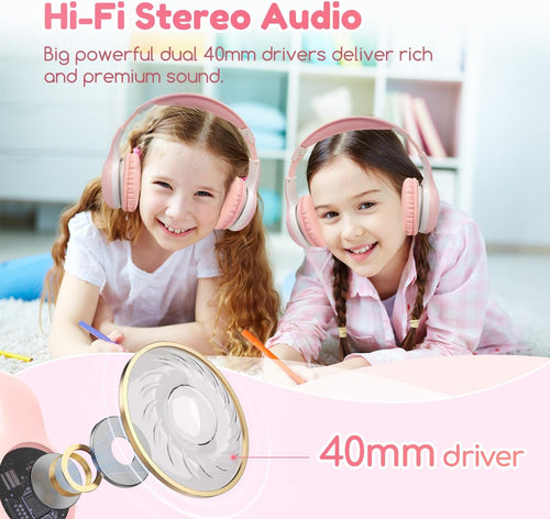 EarFun K2 Kids Bluetooth Headphones for School, Kids Headphones with Mic | Volume Limited, 40H Playtime, Built-in Mic, Stereo Sound, Foldable Over-Ear Headphone for Kids/Toddler/Travel/Tablet, Pink