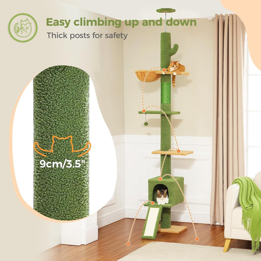 PAWZ Road Cat Tree READ DESC Floor to Ceiling with Height Adjustable 216cm to 273cm, Cactus Cat Tower with Spacious Activity Space, Hammock and Cat Condo, Anti-Fall Belt, 5 Tiers Green