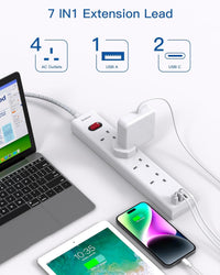 Extension Lead with 3 USB Slots(2 USB C), 4 Way Plug Extension Socket, 1.8M Wall Mount Socket Extension Cable, Multiplug Power Strip for Home, Office, School Supplies