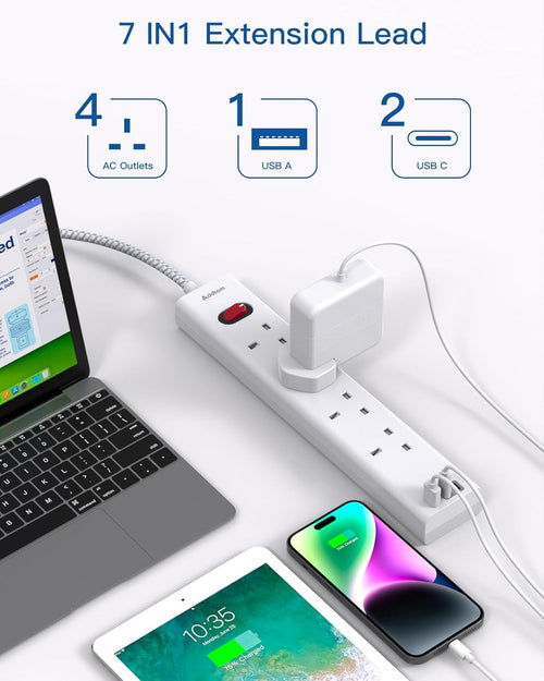Extension Lead with 3 USB Slots(2 USB C), 4 Way Plug Extension Socket, 1.8M Wall Mount Socket Extension Cable, Multiplug Power Strip for Home, Office, School Supplies