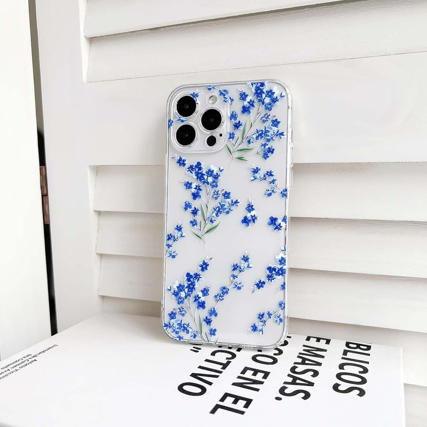 NITITOP Compatible with iPhone 15 Pro Case Cute Clear Flower Floral Branch Design for Women Girls Artistic Transparent Soft TPU Shockproof Protective Phone Cover - Blue