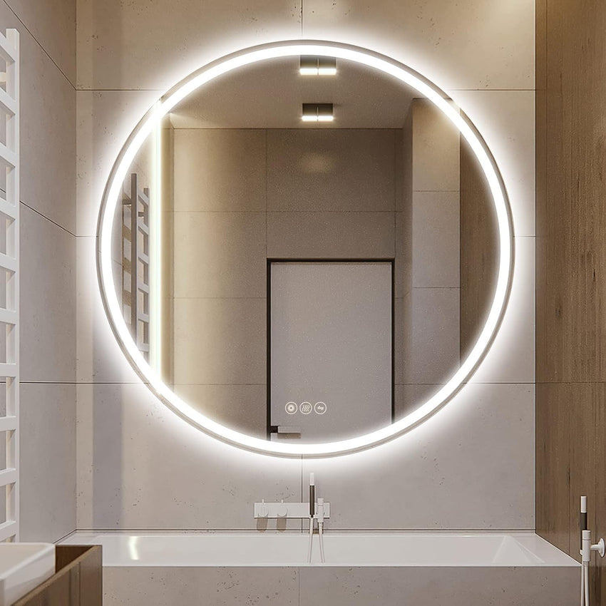 AI-LIGHTING 40cm Round LED Mirror Bathroom Circular Mirror with Lights Illuminated Anti-Fog Backlit Light Up Circle Mirror Touch Switch Color Change Demister IP44 Dimmable