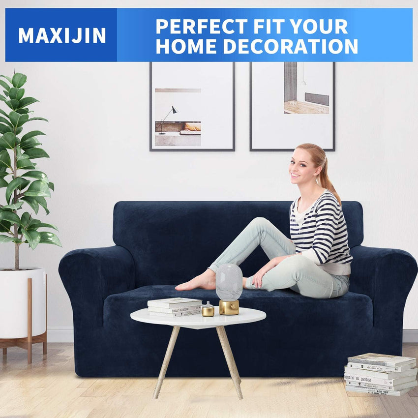 MAXIJIN Thick Velvet Sofa Covers 2 Seater Super Stretch Non Slip Loveseat Covers for Living Room Dogs Cat Pet Plush Love Seat Couch Slipcovers Elastic Furniture Protector (2 Seater, Navy Blue)