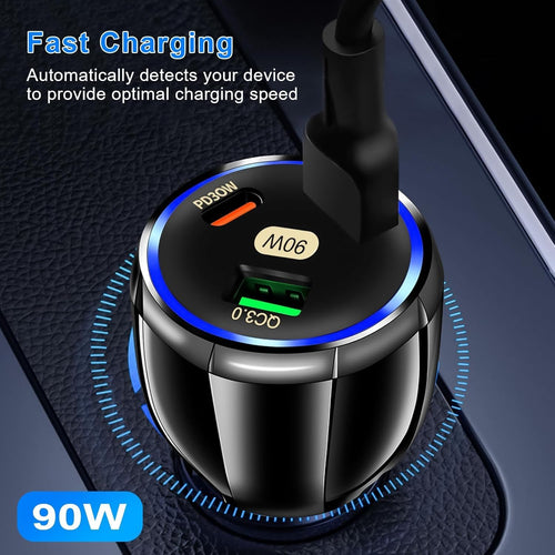 90W USB C Car Charger Adapter 3-Port Fast Car Charger Adapter, Cigarette Lighter USB Charger, Fast Car Charger Socket Compatible with iPhone, Android, Samsung Galaxy
