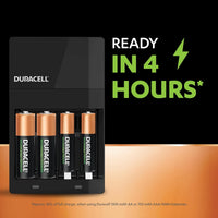 DURACELL Hi-Speed Battery Charger, 4 hours, Compatible with AA and AAA NiMh Batteries, 2x AA 1300mAh and 2x AAA 750 mAh, Rechargeable Batteries Included