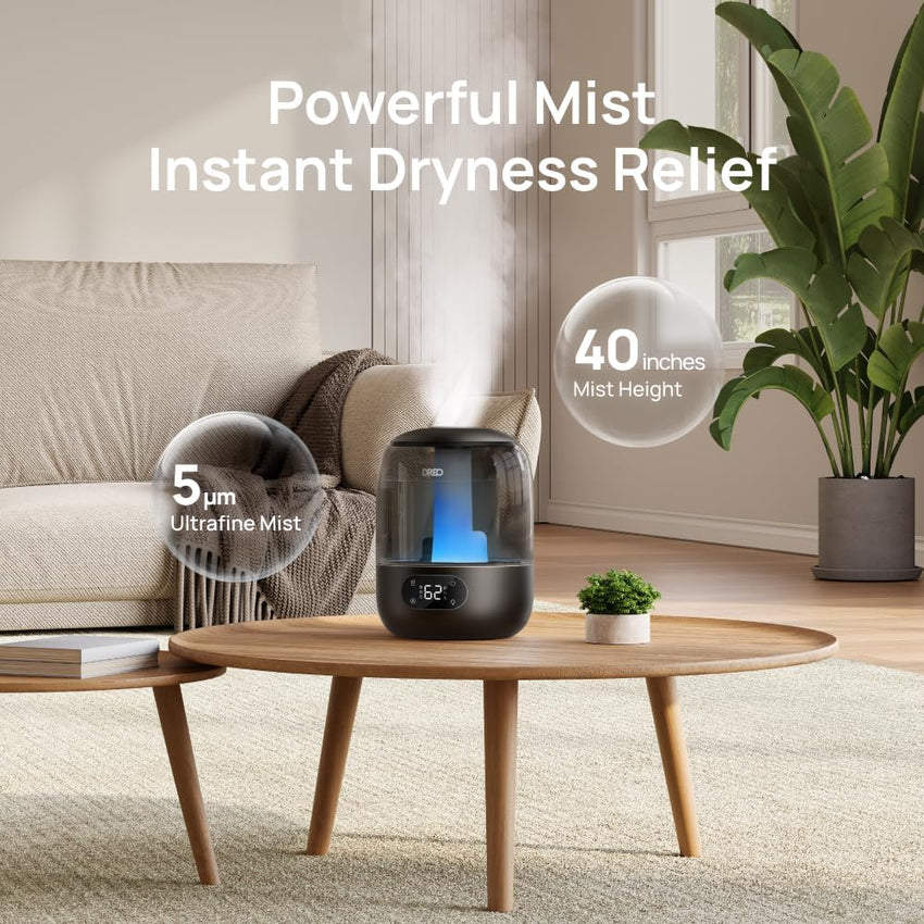 DREO 3L Humidifiers for Bedroom, 30H Runtime, 26 dB Quiet, Black | Easy to Refill & Clean, Precise Humidity Control, Night light, 360Â° Nozzle, Cool Mist Air Humidifier for Large Room, Baby