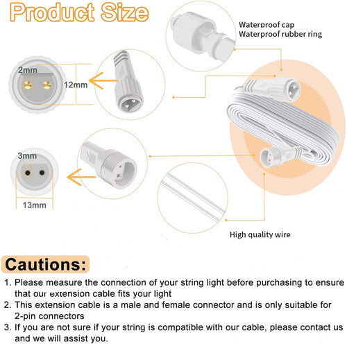 Redefun 3M 2 Pin Extension Cable, Waterproof Cord Anti-Corrosion Extension Lead Wire for Outdoor String Lights, Festoon Lights, G40 Globe Light, Icicle Curtain Net Light
