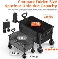 BELEEV Folding Festival Trolley Wagon, Collapsible Camping Trolley Cart with 6" All-Terrain Big Wheels, Side Pocket & Drink Holders, 130L Pull Along Trolley for Beach Grocery Garden Shopping(Black)