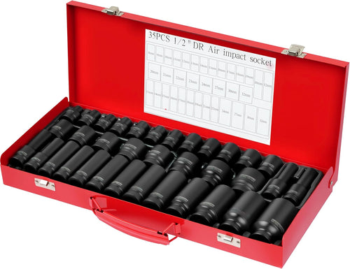 35pcs 1/2" Drive 6 Point 8-32mm Metric Deep Impact Socket Set Car Garage Tools