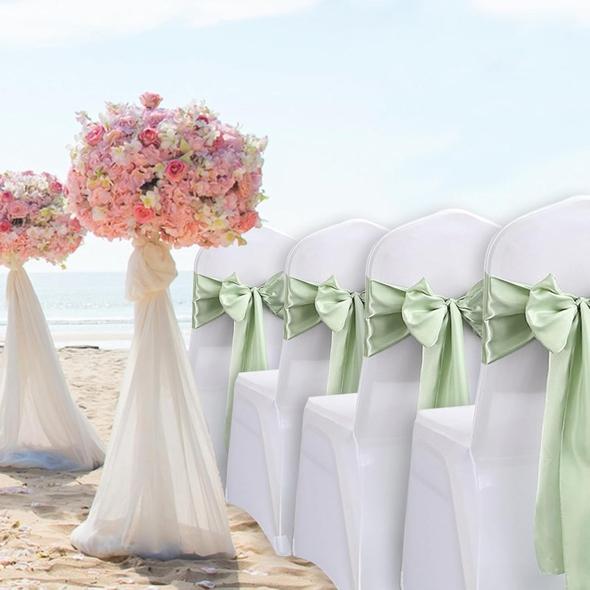 QeeFop Pack of 50 Sage Green Satin Sashes Wedding Chair Bow, Elastic Chair Sashes for Wedding Decoration, Birthday, Banquet, Party, Chair Decoration (Sage Green)